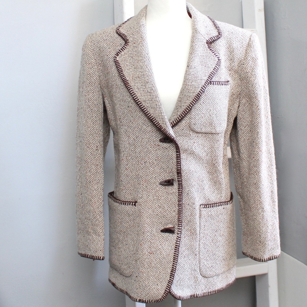 JLC Vintage Cream & Brown Toggle Button Wool Blend Blazer Size Small​